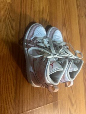 Kids White and Light Pink Athletic Nike Jordan’s